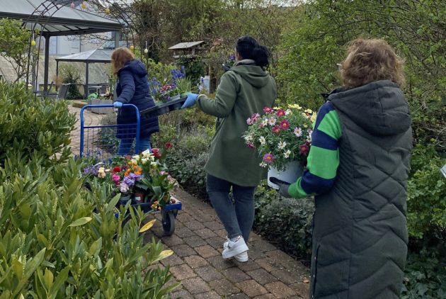 Mitarbeiterinnen pflanzen Frühblüher in Dudenhofen